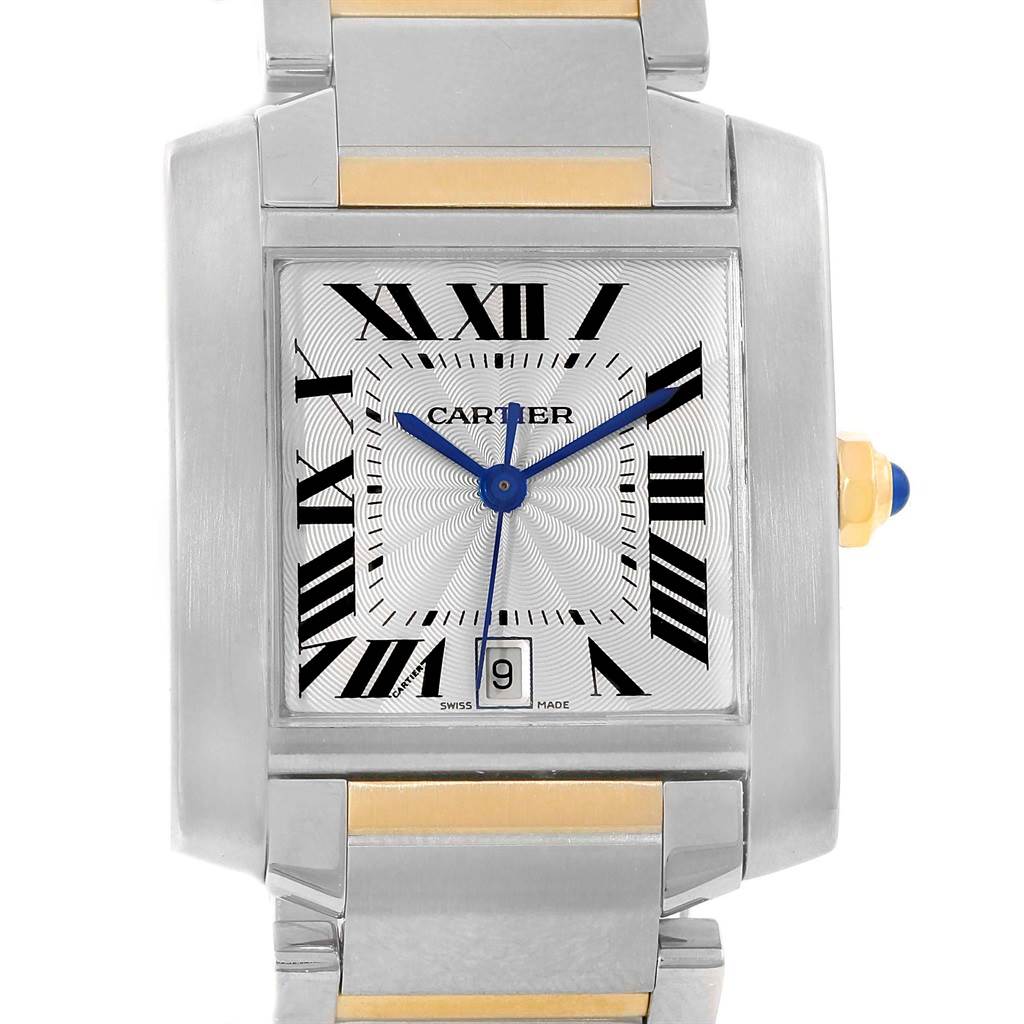 The Cartier Tank Francaise W51005Q4 Men's Steel and Gold (two tone) Silver Dial W51005Q4 Men's Steel and Gold (two tone) Silver Dial watch is shown from a front angle, featuring its face, bezel, and part of the stainless steel and gold bracelet.