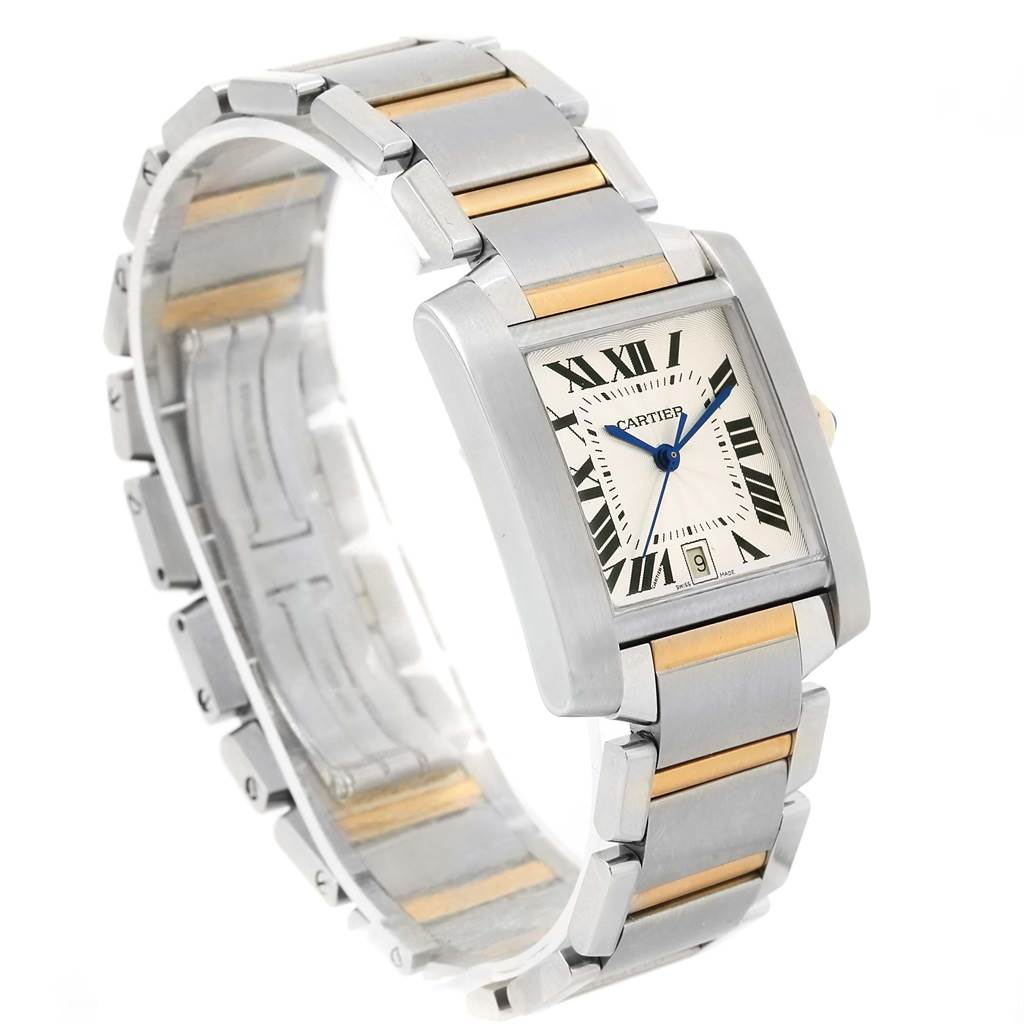 This image shows a Cartier Tank Francaise W51005Q4 Men's Steel and Gold (two tone) Silver Dial W51005Q4 Men's Steel and Gold (two tone) Silver Dial watch at a three-quarter angle, highlighting the face, bracelet, and clasp.