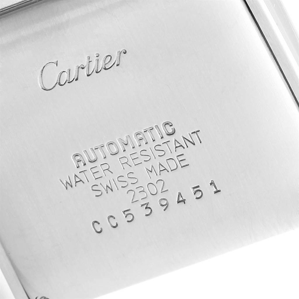 This image shows the engraved case back of a Cartier Tank Francaise W51002Q3 Stainless Steel Silver Dial W51002Q3 Stainless Steel Silver Dial watch, detailing its specifications.