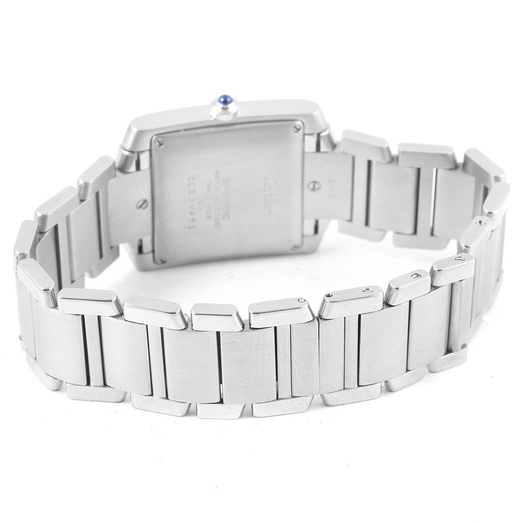 The image shows the back case and stainless steel bracelet of the Cartier Tank Francaise W51002Q3 Stainless Steel Silver Dial W51002Q3 Stainless Steel Silver Dial watch.