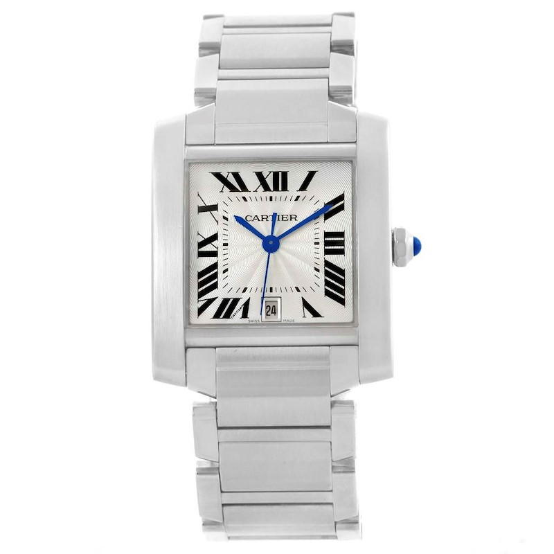 Cartier Tank Francaise Silver Dial Blue Hands Steel Watch W51002Q3 SwissWatchExpo