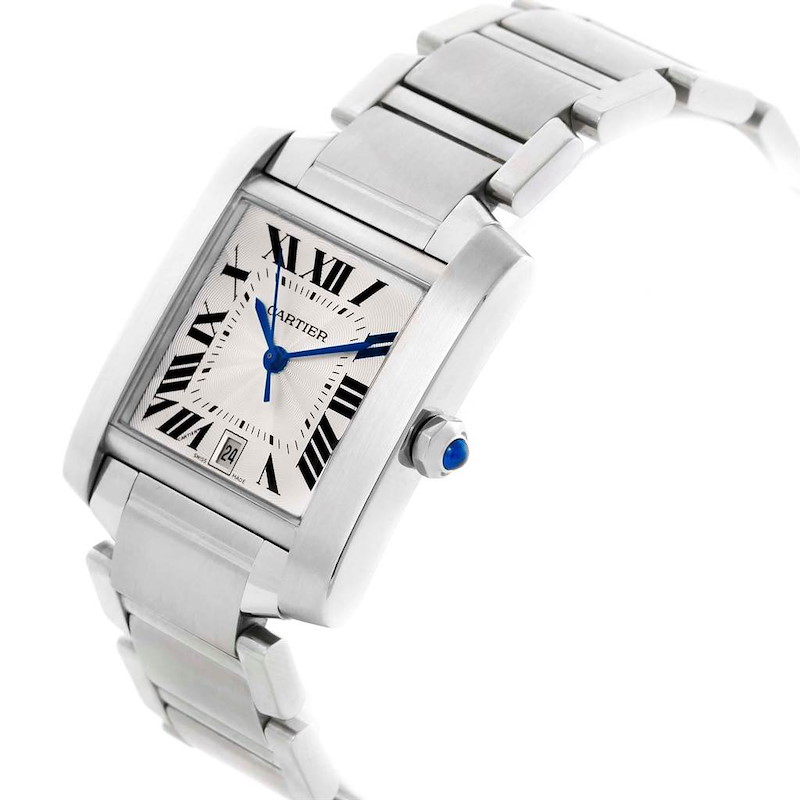 Cartier Tank Francaise Silver Dial Blue Hands Steel Watch W51002Q3 SwissWatchExpo