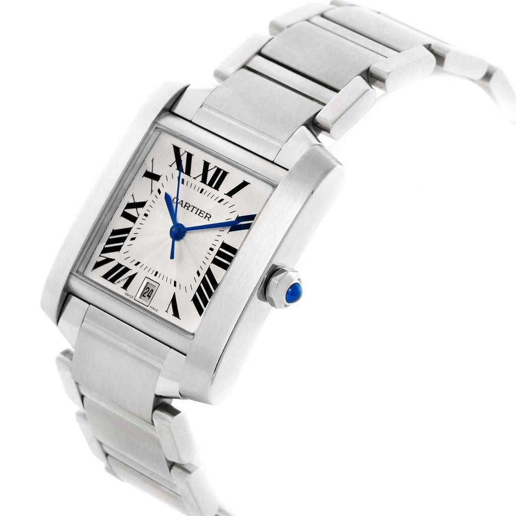 This image shows a side view of the Cartier Tank Francaise W51002Q3 Men
s Stainless Steel Silver Dial W51002Q3 Men
s Stainless Steel Silver Dial watch, highlighting its face, blue hands, crown, and part of the metal bracelet.