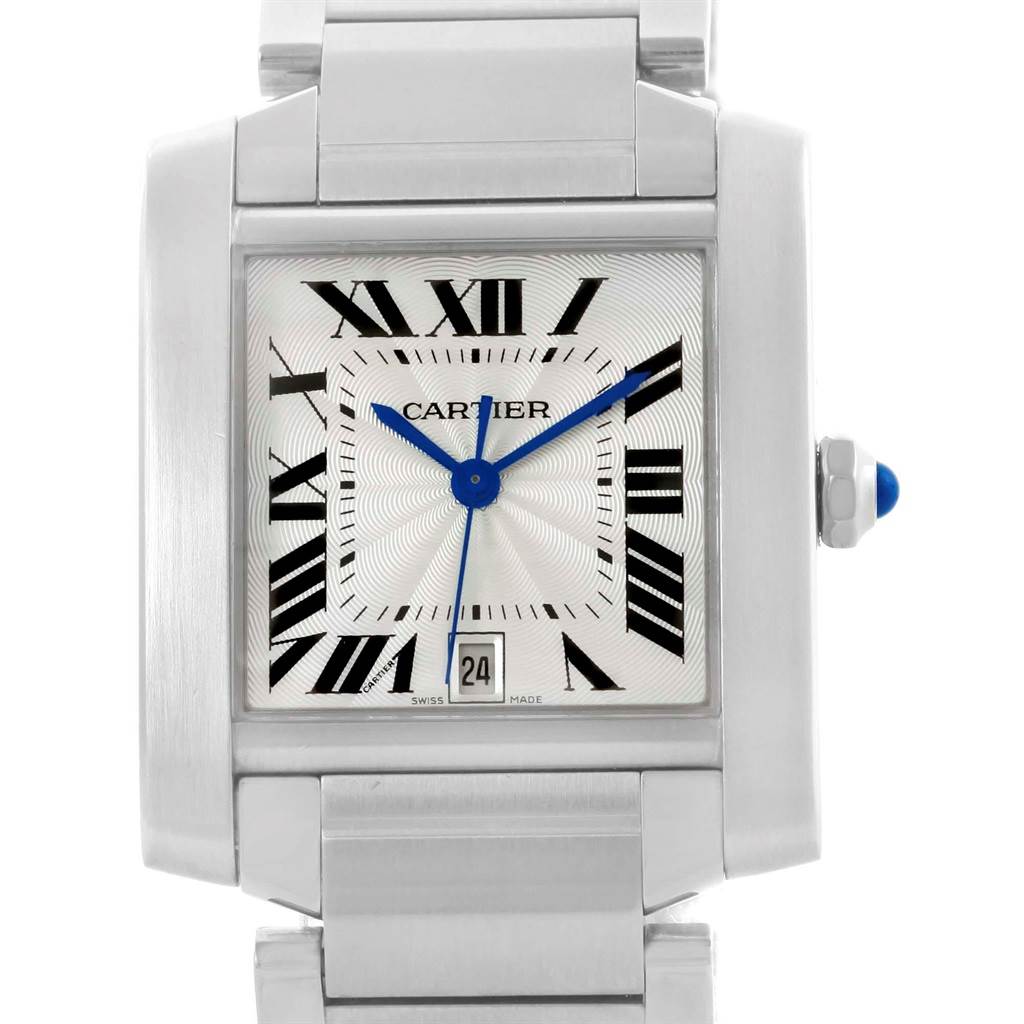 The image shows a front view of a Cartier Tank Francaise W51002Q3 Men
s Stainless Steel Silver Dial W51002Q3 Men
s Stainless Steel Silver Dial watch, highlighting its dial, blue hands, and part of the metal bracelet.