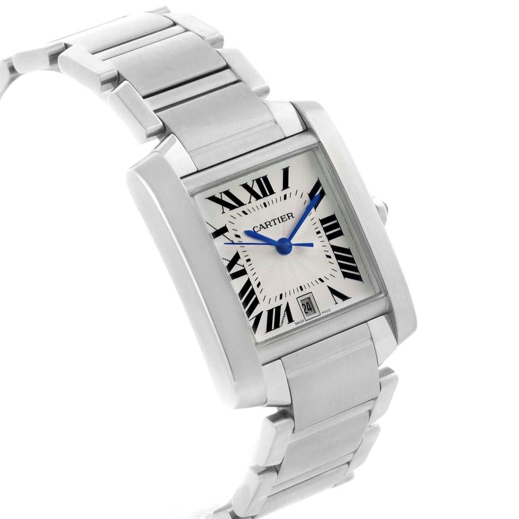 The Cartier Tank Francaise W51002Q3 Men
s Stainless Steel Silver Dial W51002Q3 Men
s Stainless Steel Silver Dial watch is shown from a front-side angle, displaying its bracelet, case, dial, hands, and date window.