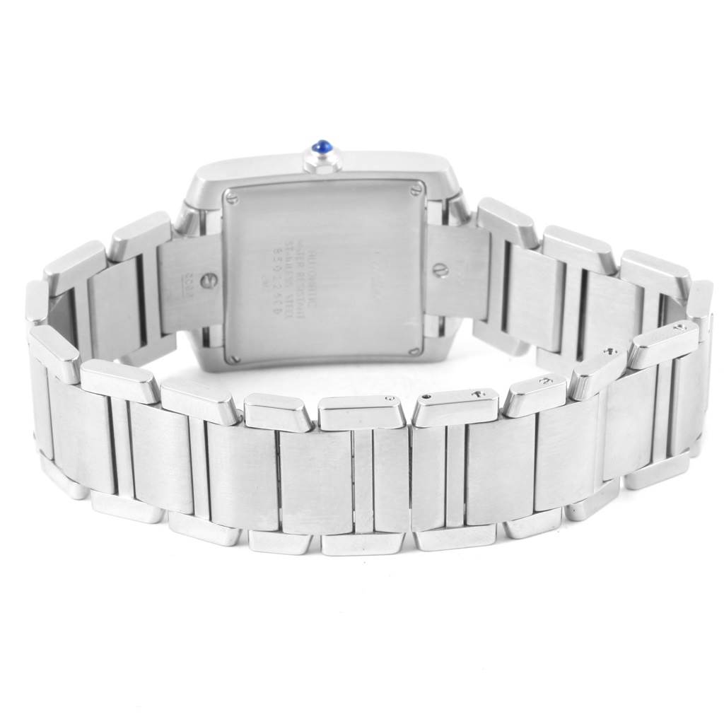The image shows the back and bracelet of a Cartier Tank Francaise W51002Q3 Men
s Stainless Steel Silver Dial W51002Q3 Men
s Stainless Steel Silver Dial watch, viewed from a rear angle.