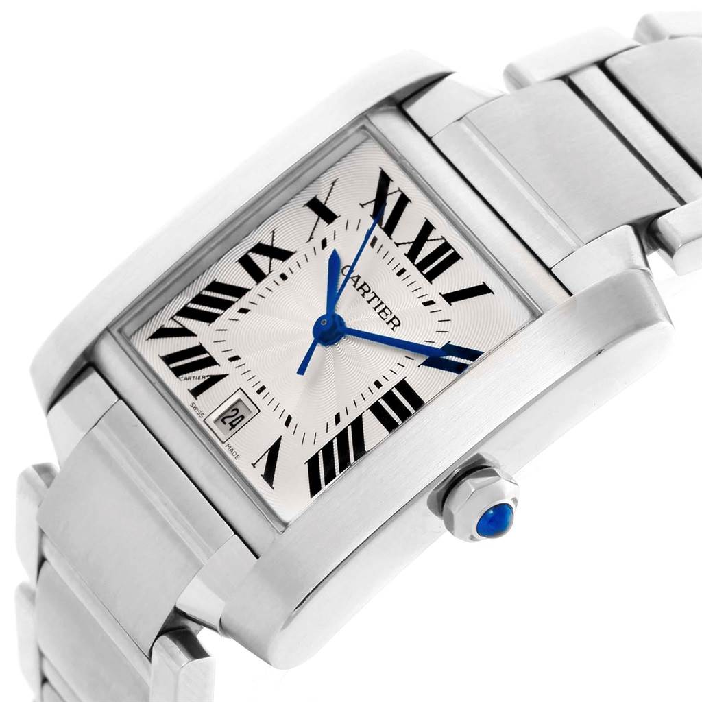 The image shows a close-up angled view of the Cartier Tank Francaise W51002Q3 Men
s Stainless Steel Silver Dial W51002Q3 Men
s Stainless Steel Silver Dial watch, focusing on the face and part of the band.