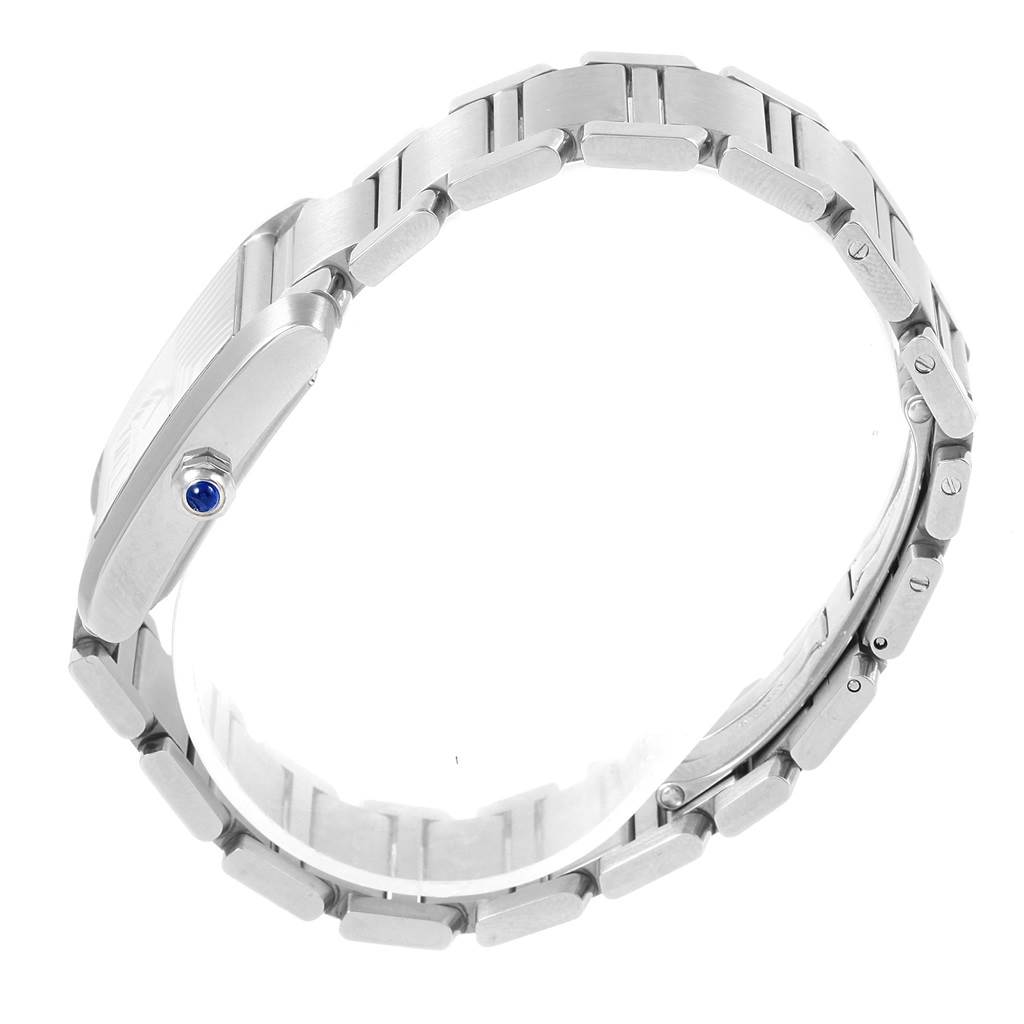 This image displays a side view of the Cartier Tank Francaise W51002Q3 Men
s Stainless Steel Silver Dial W51002Q3 Men
s Stainless Steel Silver Dial watch, focusing on its band and the side profile of the case with a visible crown.