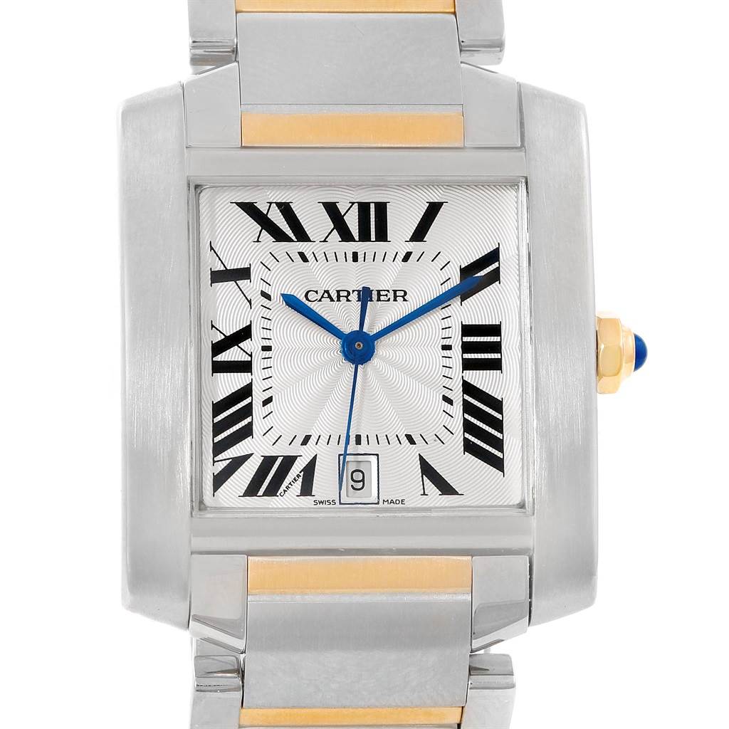The image shows a front view of the Cartier Tank Francaise W51005Q4 Men
s Steel and Gold (two tone) Silver Dial W51005Q4 Men
s Steel and Gold (two tone) Silver Dial watch, highlighting its face, bezel, and part of the bracelet.