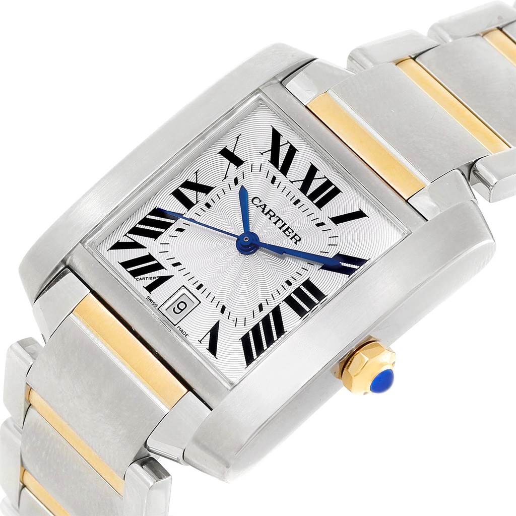 The image shows a Cartier Tank Francaise W51005Q4 Men
s Steel and Gold (two tone) Silver Dial W51005Q4 Men
s Steel and Gold (two tone) Silver Dial watch at an oblique angle, highlighting the face, crown, and part of the bracelet.