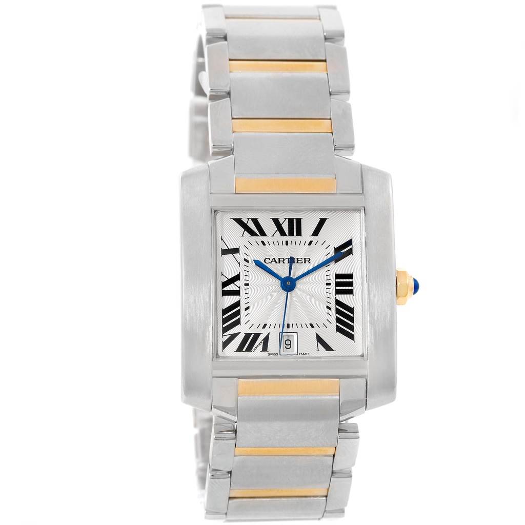 The image shows a straight-on view of the Cartier Tank Francaise W51005Q4 Men
s Steel and Gold (two tone) Silver Dial W51005Q4 Men
s Steel and Gold (two tone) Silver Dial watch, displaying the face, bracelet, and crown.