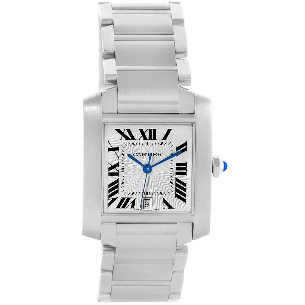 The Cartier Tank Francaise W51002Q3 Men's Stainless Steel Silver Dial W51002Q3 Men's Stainless Steel Silver Dial watch is shown from a front angle, featuring its rectangular face, Roman numerals, blue hands, and metal bracelet.