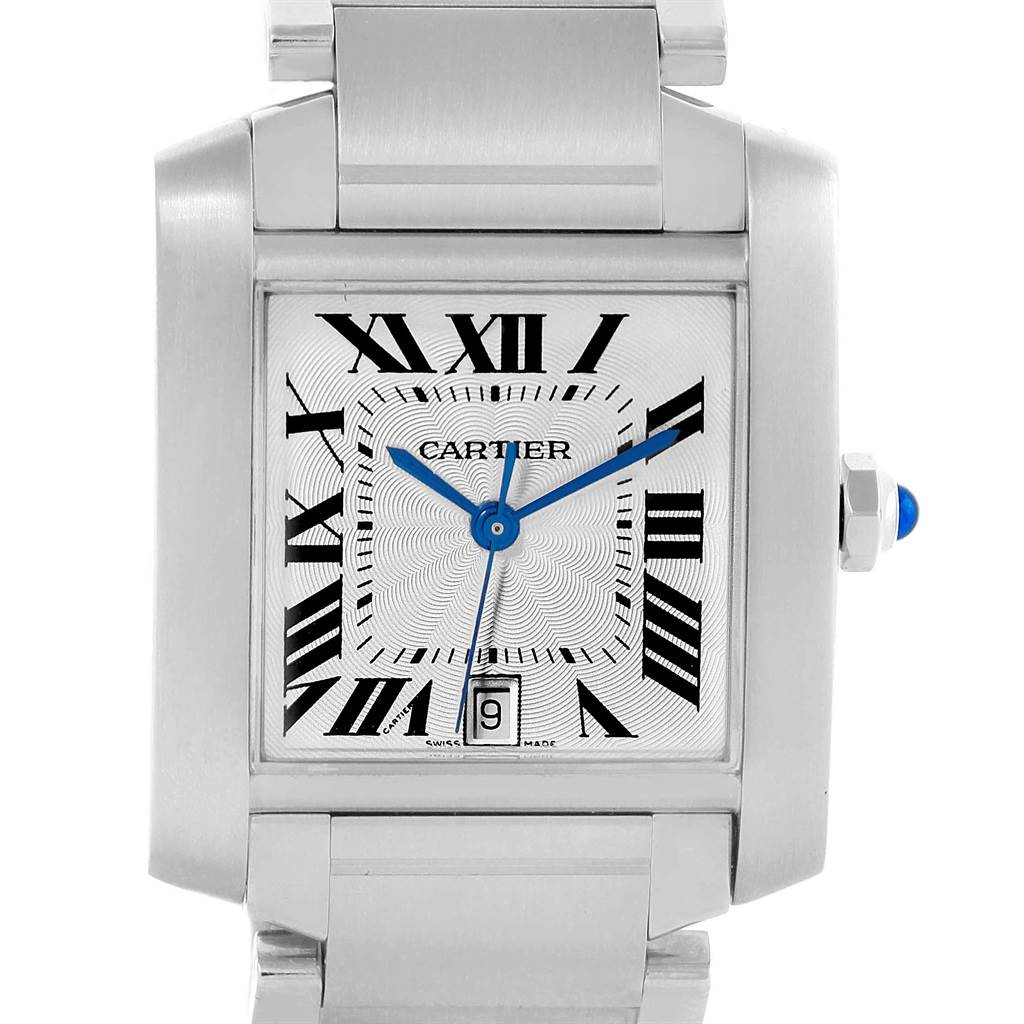 The image shows a front view of the Cartier Tank Française watch, highlighting its dial, Roman numeral markers, and metal bracelet.
