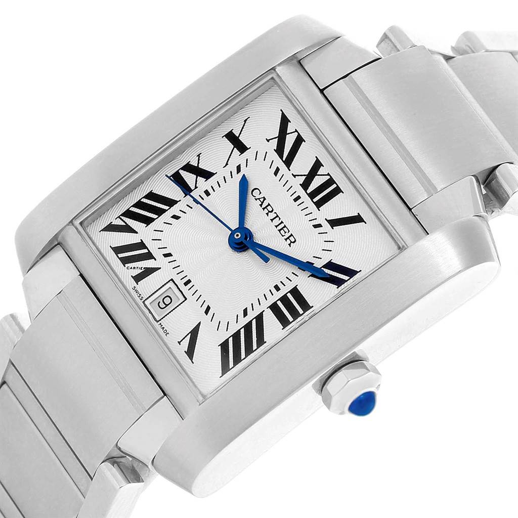 The image shows a close-up angled view of the Cartier Tank Francaise W51002Q3 Men's Stainless Steel Silver Dial W51002Q3 Men's Stainless Steel Silver Dial watch, highlighting its face, bracelet, and crown.
