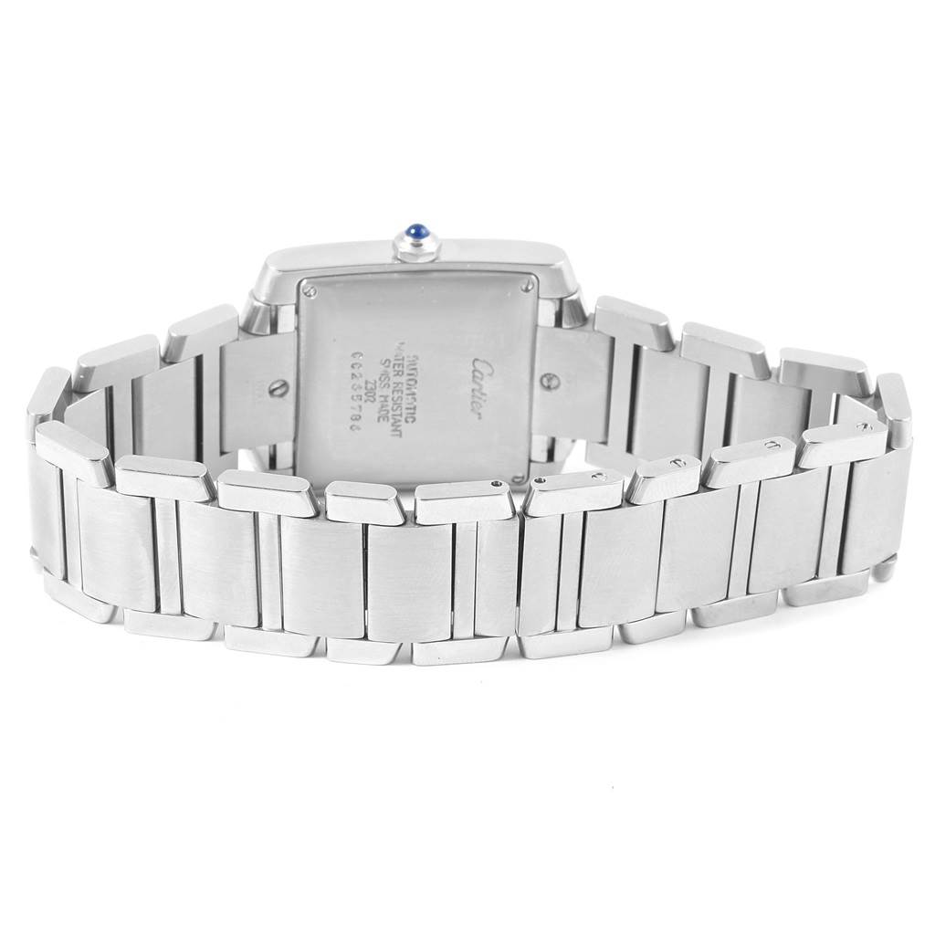 The image shows the back and bracelet of a Cartier Tank Francaise W51002Q3 Men's Stainless Steel Silver Dial W51002Q3 Men's Stainless Steel Silver Dial watch at a slight rear angle.