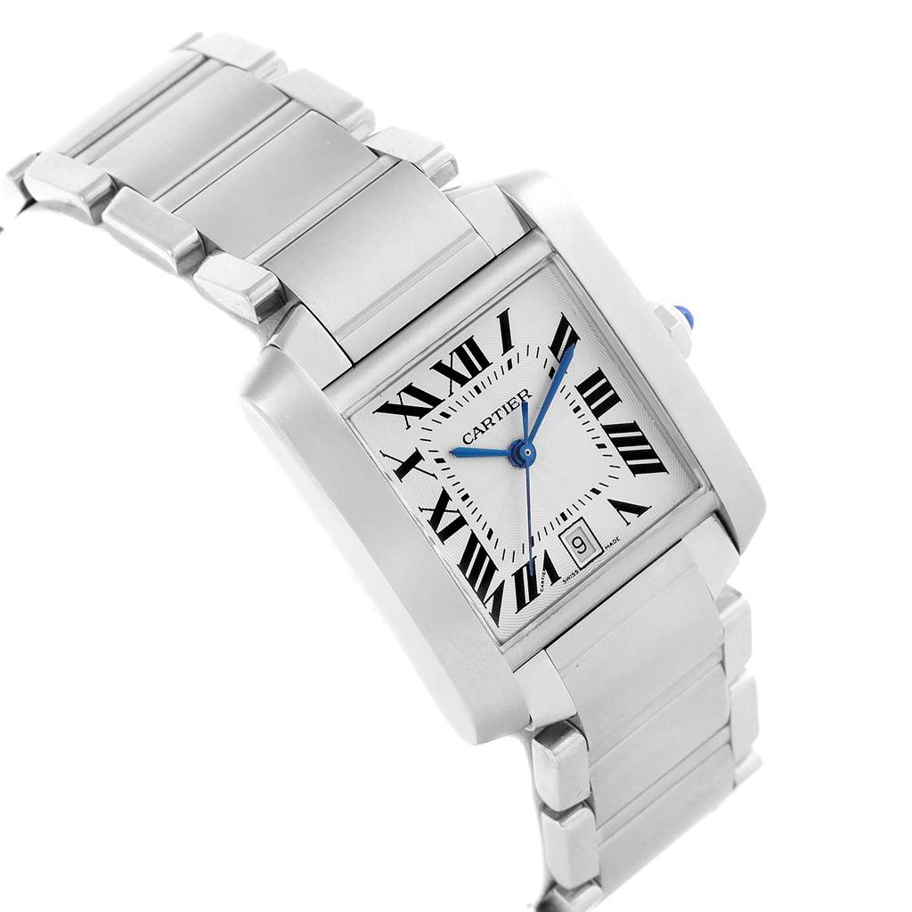 The image shows a Cartier Tank Francaise W51002Q3 Men's Stainless Steel Silver Dial W51002Q3 Men's Stainless Steel Silver Dial watch at an angle highlighting the face, bracelet, and crown.