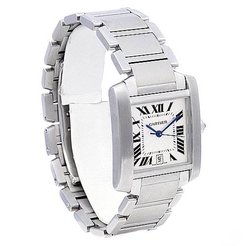 The image shows a Cartier Tank Française watch at a 3/4 angle, highlighting its rectangular case and metal bracelet.