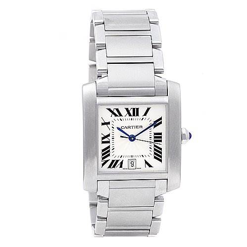 The image shows a front view of the Cartier Tank Francaise W51002Q3 Stainless Steel Silver Dial W51002Q3 Stainless Steel Silver Dial watch, highlighting the face, Roman numerals, and stainless steel bracelet.