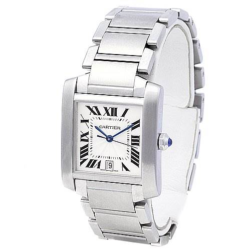 The image shows a Cartier Tank Francaise W51002Q3 Stainless Steel Silver Dial W51002Q3 Stainless Steel Silver Dial watch in a front angle, highlighting its rectangular face, metal bracelet, and Roman numeral dial.