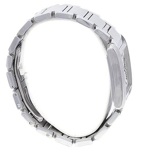 The image shows a side angle of a Cartier Tank Francaise W51002Q3 Stainless Steel Silver Dial W51002Q3 Stainless Steel Silver Dial watch, highlighting its stainless steel bracelet and case.