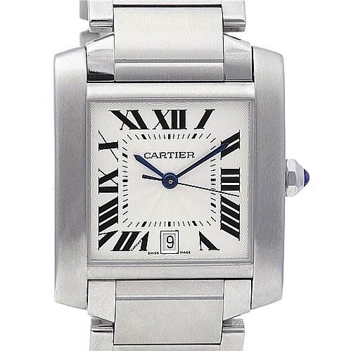 This image shows the face and partial strap of a Cartier Tank Francaise W51002Q3 Stainless Steel Silver Dial W51002Q3 Stainless Steel Silver Dial watch, highlighting the Roman numeral dial, blue hands, and date window.