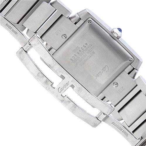 The image shows the back and clasp of a Cartier Tank Francaise W51002Q3 Stainless Steel Silver Dial W51002Q3 Stainless Steel Silver Dial watch.