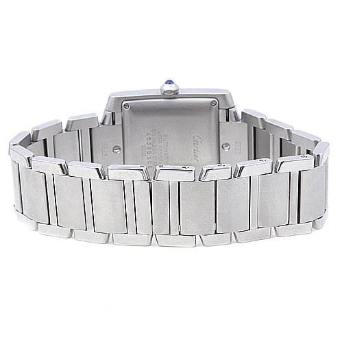 This image shows the back and bracelet of a Cartier Tank Francaise W51002Q3 Stainless Steel Silver Dial W51002Q3 Stainless Steel Silver Dial watch from a rear angle.