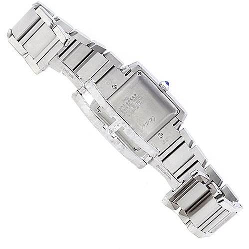 The image shows the back view of a Tank Francaise model by Cartier, highlighting the bracelet and case back details.