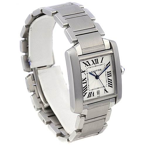This is a front-left angled view of a Tank Francaise watch by Cartier, featuring its distinctive square face and stainless steel bracelet.