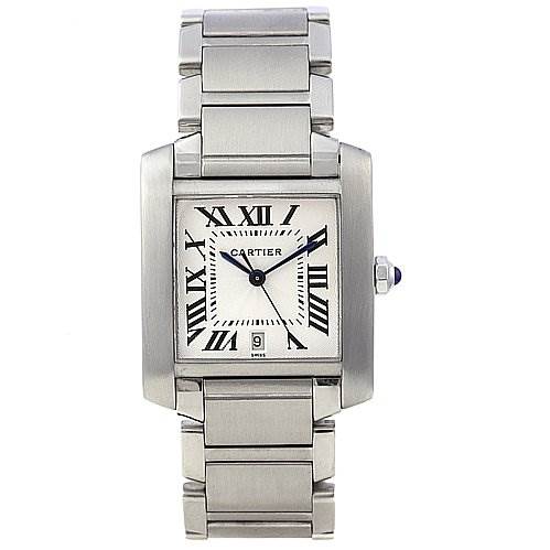 The Cartier Tank Française model watch is shown from a front angle, showcasing its square face, stainless steel bracelet, and Roman numeral dial.