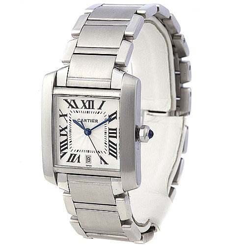 This image shows a Cartier Tank Francaise W51002Q3 Stainless Steel Silver Dial W51002Q3 Stainless Steel Silver Dial watch at a slight angled view, featuring its square face, Roman numerals, and metal bracelet.