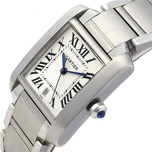 This image shows a side angle of a Cartier Tank Francaise W51002Q3 Stainless Steel Silver Dial W51002Q3 Stainless Steel Silver Dial watch, highlighting the face, crown, and part of the bracelet.