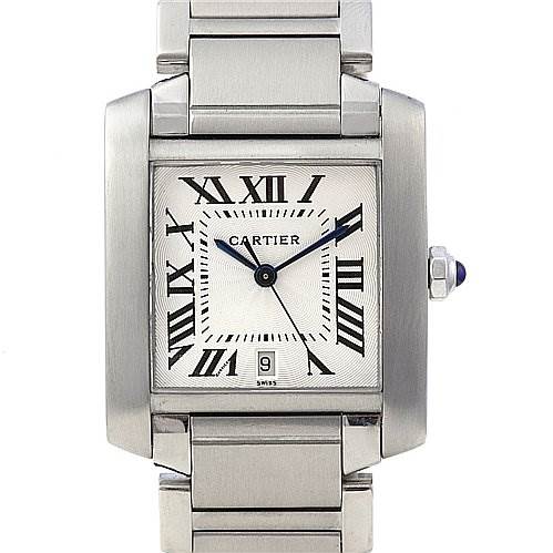 The image shows a frontal view of the Cartier Tank Française watch, highlighting its face, Roman numerals, date window, and bracelet.