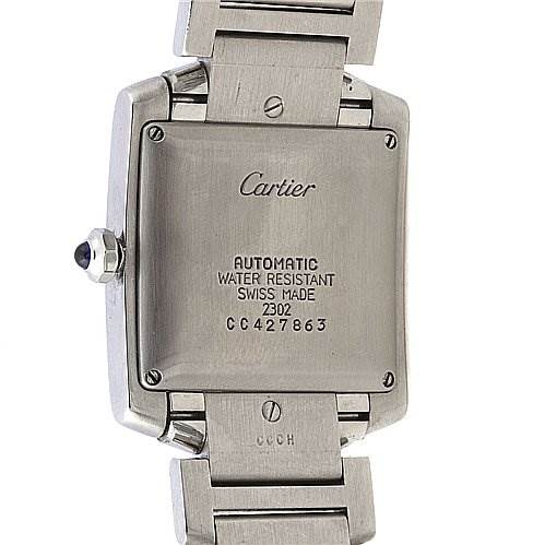 This image shows the back and partial sides of a Cartier Tank Francaise W51002Q3 Stainless Steel Silver Dial W51002Q3 Stainless Steel Silver Dial watch, highlighting the caseback and bracelet attachment.