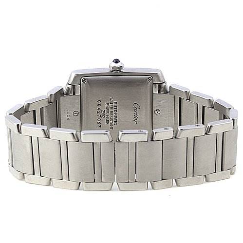 This image shows the back view of the Cartier Tank Francaise W51002Q3 Stainless Steel Silver Dial W51002Q3 Stainless Steel Silver Dial watch, detailing its stainless steel bracelet and case back.
