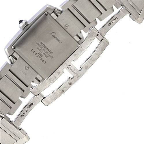 This image shows the back of the Cartier Tank Francaise W51002Q3 Stainless Steel Silver Dial W51002Q3 Stainless Steel Silver Dial watch and its partially opened metal bracelet clasp.