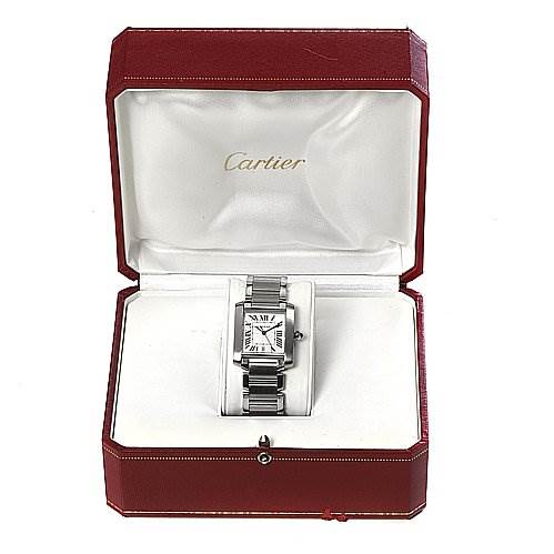 The Cartier Tank Francaise W51002Q3 Stainless Steel Silver Dial W51002Q3 Stainless Steel Silver Dial watch is shown front-on, inside an open red box with the brand name visible inside the lid.