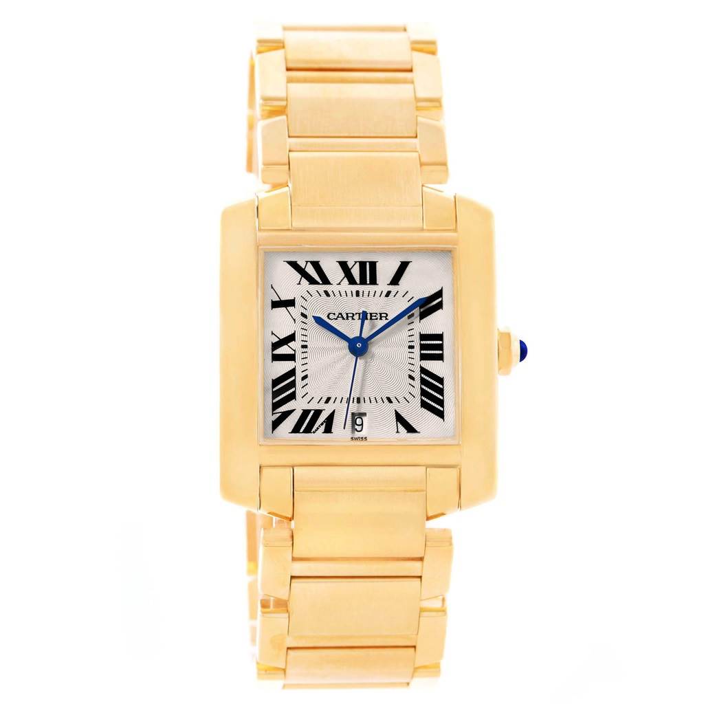 This image shows a front view of the Cartier Tank Française watch, highlighting its rectangular face, Roman numerals, and metal bracelet.