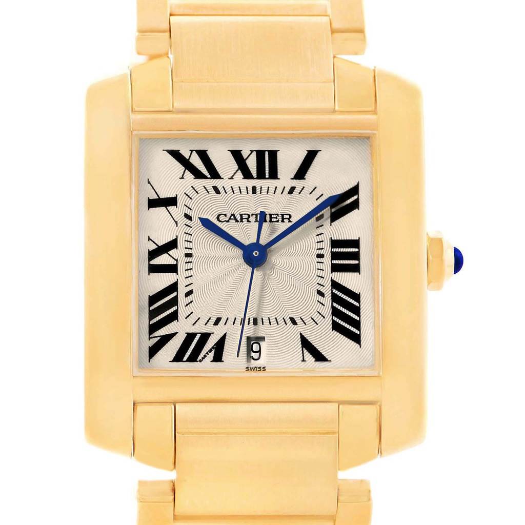 The image shows a frontal view of the Cartier Tank Francaise W50001R2 Yellow Gold Silver Dial W50001R2 Yellow Gold Silver Dial watch, displaying its face, bezel, and portions of the bracelet.