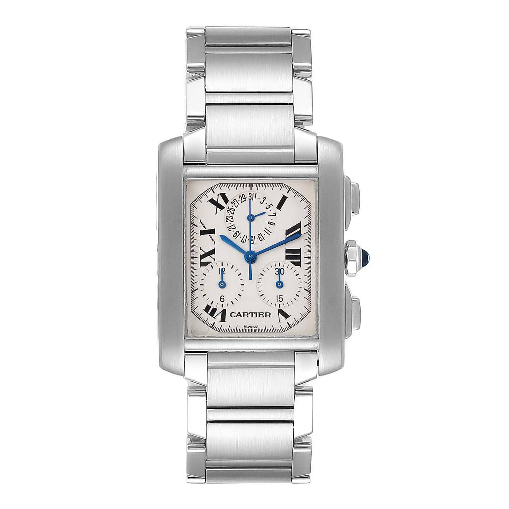 The Cartier Tank Francaise W51001Q3 Men's Stainless Steel White Dial W51001Q3 Men's Stainless Steel White Dial watch is shown from the front, displaying the face, bracelet, and side buttons.