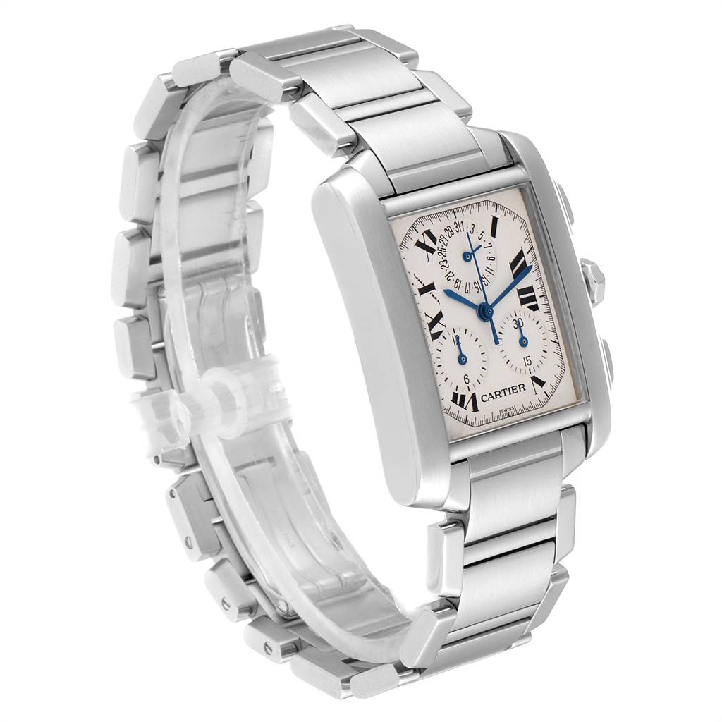 The image shows a Cartier Tank Francaise W51001Q3 Men's Stainless Steel White Dial W51001Q3 Men's Stainless Steel White Dial watch from a slight side angle, highlighting its band, face, and side buttons.
