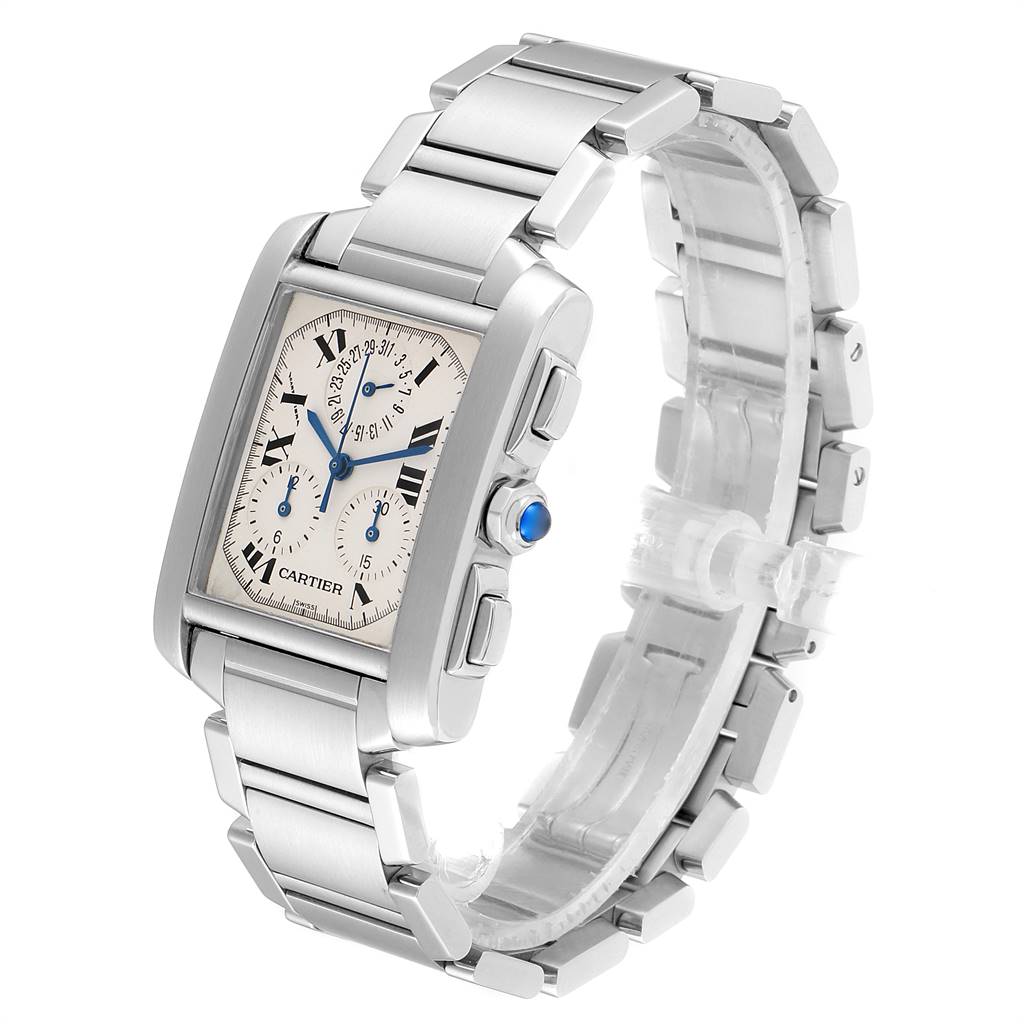 The image shows a Cartier Tank Francaise W51001Q3 Men's Stainless Steel White Dial W51001Q3 Men's Stainless Steel White Dial watch at a three-quarter angle, highlighting its bracelet, crown, and face.