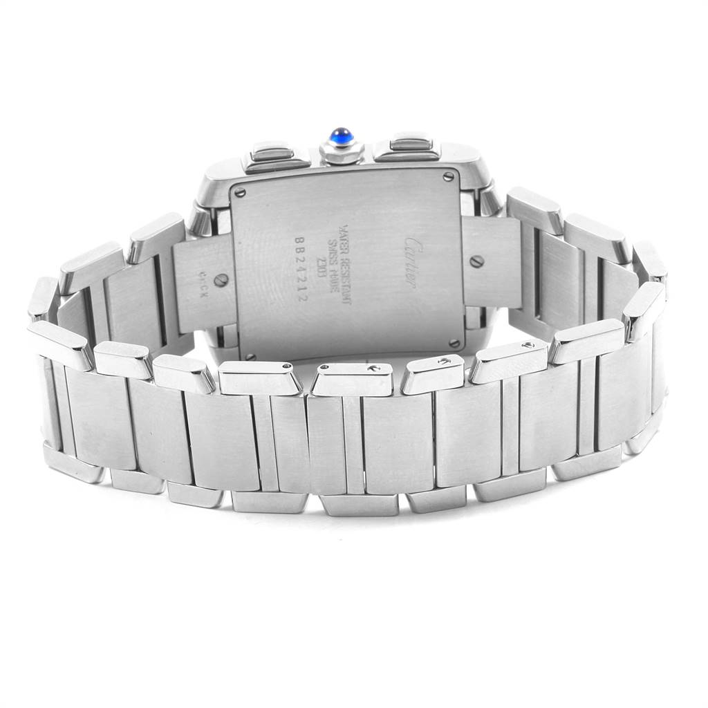 This image shows the back and bracelet of the Cartier Tank Francaise W51001Q3 Men's Stainless Steel White Dial W51001Q3 Men's Stainless Steel White Dial watch with inscriptions visible.