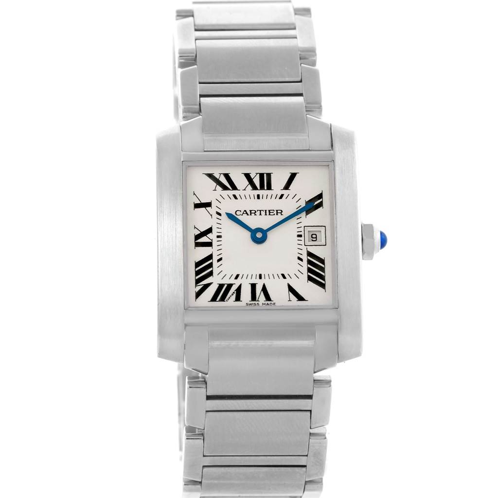 The image shows a frontal view of a Cartier Tank Francaise W51011Q3 Men
s Stainless Steel Silver Dial W51011Q3 Men
s Stainless Steel Silver Dial watch, highlighting its rectangular dial, Roman numerals, and metal bracelet.