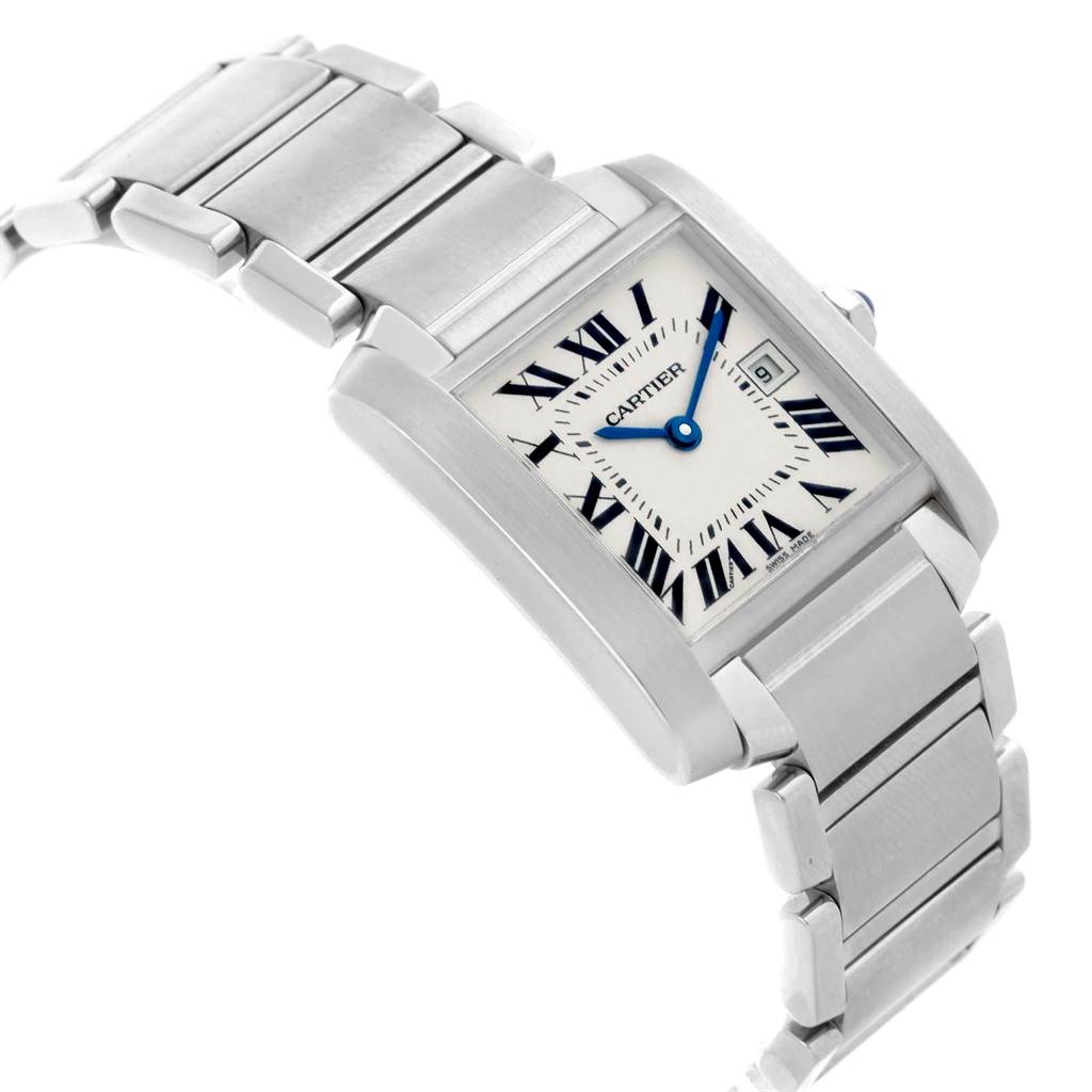 This image shows a Cartier Tank Francaise W51011Q3 Men
s Stainless Steel Silver Dial W51011Q3 Men
s Stainless Steel Silver Dial watch from a tilted angle, highlighting the bracelet, case, and dial with Roman numerals.