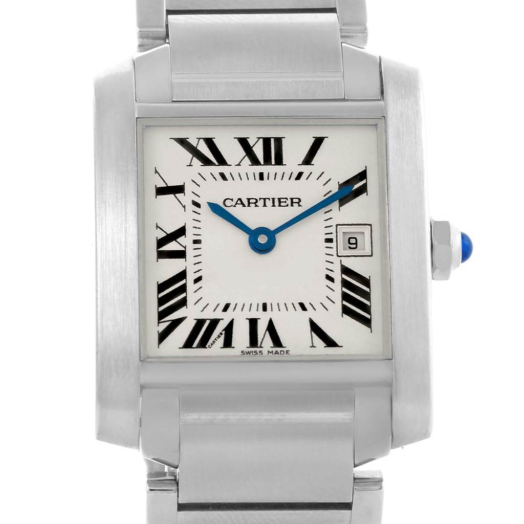 The image shows a close-up front view of a Cartier Tank Française watch, highlighting the dial, Roman numerals, and part of the bracelet.