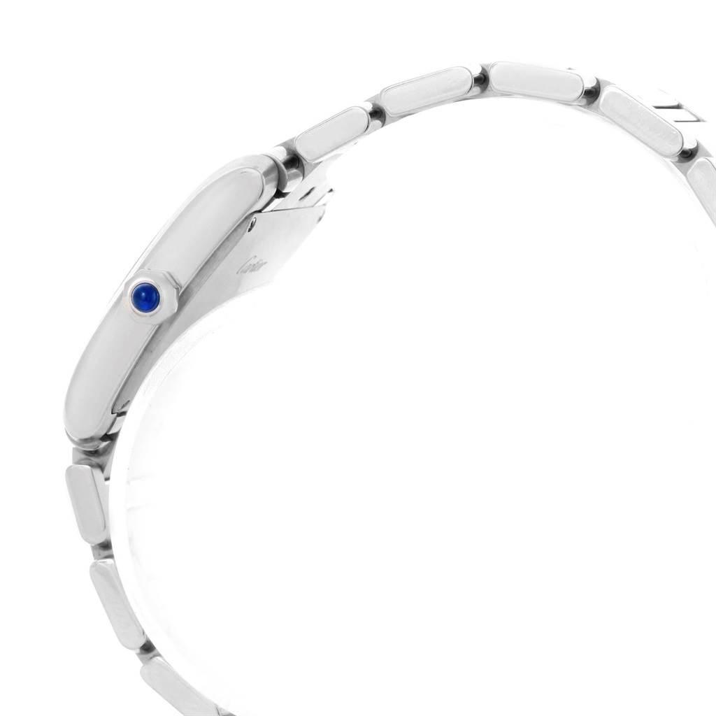 This image shows a side profile of the Cartier Tank Francaise W51011Q3 Men
s Stainless Steel Silver Dial W51011Q3 Men
s Stainless Steel Silver Dial watch, highlighting the bracelet and crown with a blue cabochon.