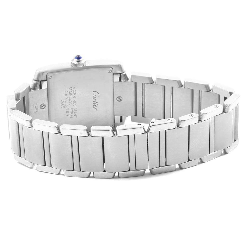 The image shows the back view of the Cartier Tank Francaise W51011Q3 Men
s Stainless Steel Silver Dial W51011Q3 Men
s Stainless Steel Silver Dial watch, highlighting its stainless steel bracelet and case-back.