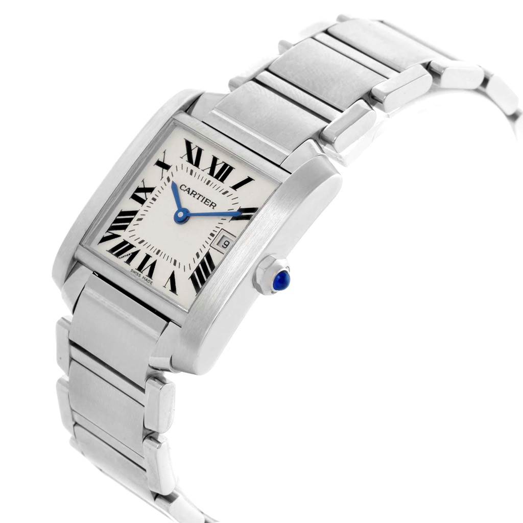This image shows a Tank Francaise model by Cartier from a front-angle view, displaying the watch face, crown, and bracelet.
