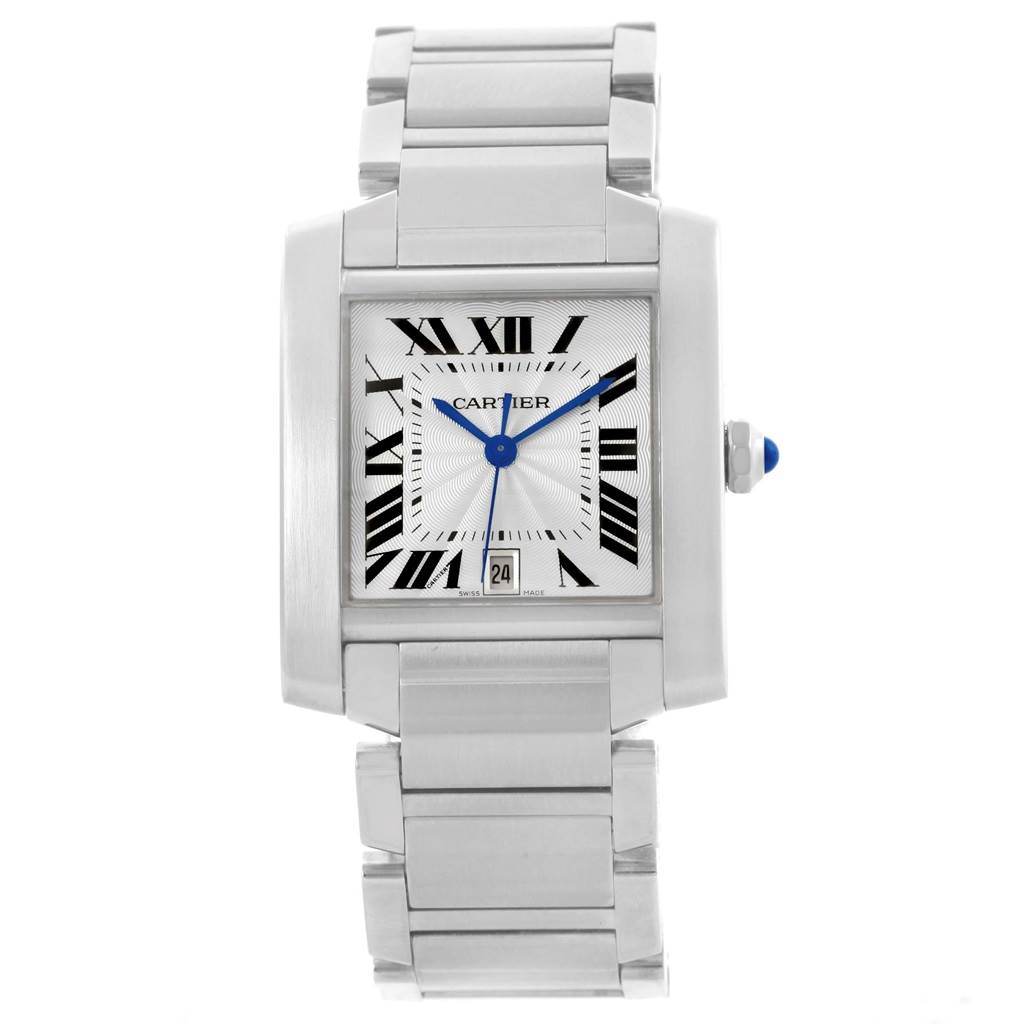 The image shows a front view of a Cartier Tank Française watch, highlighting its rectangular face, Roman numerals, and metal bracelet.